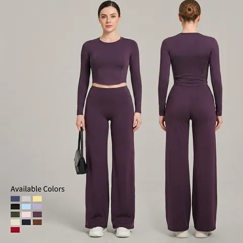 Women Yoga Set Long Sleeve Crop Top High Waist Wide Leg Pants Two Piece Outfits For Fitness Gym Workout Running Sportswear