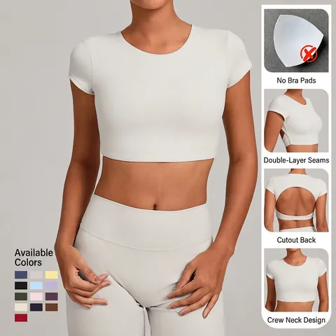 Women Backless Yoga Top Short Sleeve Workout Fitness Crop Top Double Layer High Elastic Athletic Gym Shirt Without Chest Pad