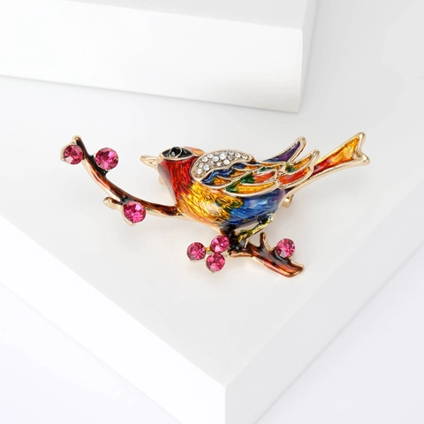 Vintage Legering Vogel Broche Met Kleurrijke Emaille Boomtak Strass Ekster Corsage Voor Dames Pak Jas Sieraden Accessoires