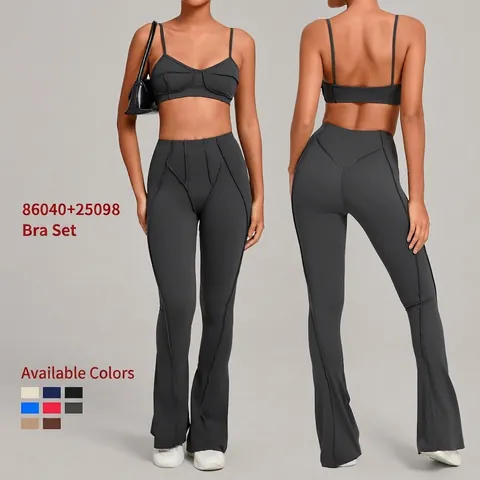 Women Yoga Top And Flare Pants Ribbed High Waist Sportswear Workout Outfit Slim Fit Ribbed Seam Sport Bra Leggings Suit