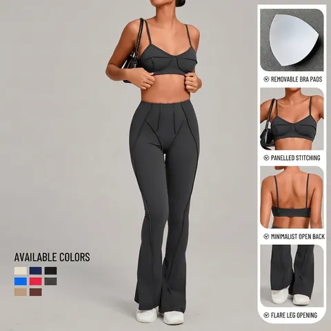 Women Yoga Top And Flare Pants Ribbed High Waist Sportswear Workout Outfit Slim Fit Ribbed Seam Sport Bra Leggings Suit