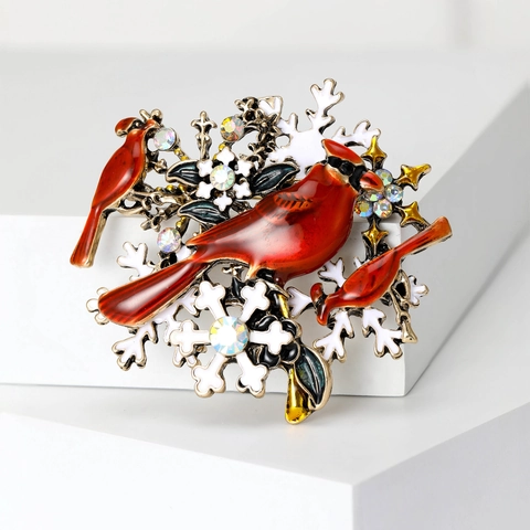 Broche de Pájaro Cardenal Norteamericano de Esmalte Vintage Aleación Copo de Nieve Diamante de Imitación Pin de Pecho Animal para Mujeres Invierno Navidad Accesorio