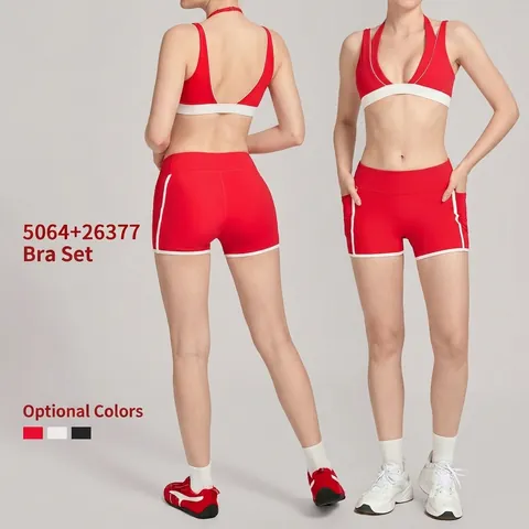 Halter Sports Bra And High Waist Shorts Yoga Set Color Block Workout Outfits With Pockets For Women Fitness Gym Wear