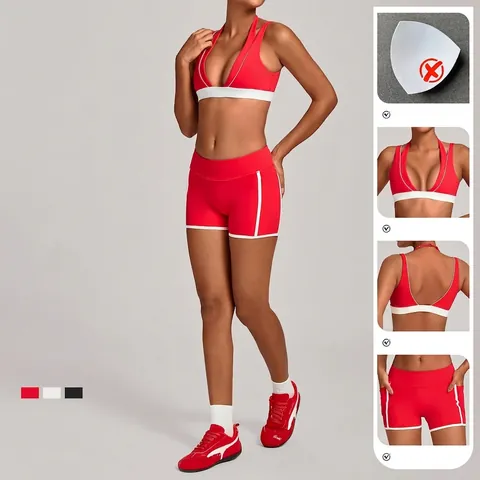 Halter Sports Bra And High Waist Shorts Yoga Set Color Block Workout Outfits With Pockets For Women Fitness Gym Wear