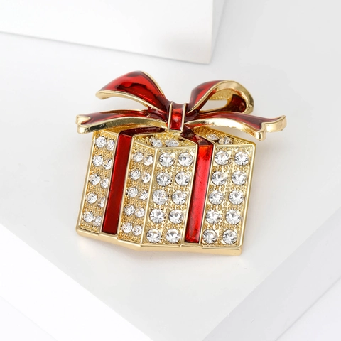 Christmas Gift Box Brooch Alloy Rhinestone Enamel Bow Brooches For Women Festive Holiday Jewelry For Sweaters Coats Gift