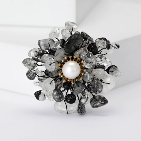 Handmade Natural Stone Flower Brooch With Artificial Pearl Alloy Wire Wrapped Floral Pin For Women Wedding Daily Decorative Jewelry