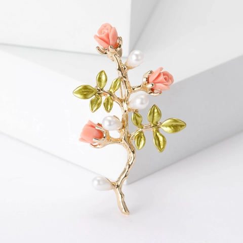 Elegante Spilla in Lega Rosa con Perle Artificiali Placcato Oro Fiore Ramo Spilla per Donna Matrimonio Banchetto Gioielli Regalo
