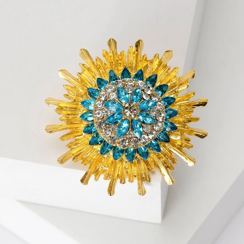 Fashion Gold Plated Alloy Sunflower Brooch Pin Blue White Rhinestone Crystal Corsage For Women Wedding Party Jewelry Accessory