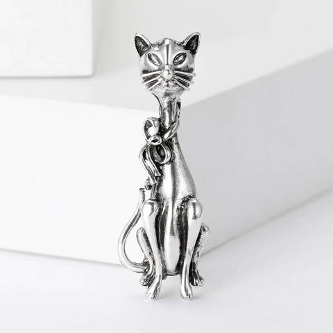 Vintage Legierung Katze Brosche Mit Schleife Detail Antik Gold Silber Metall Tier Anstecknadel Schmuck Für Damen Kleid Mantel Accessoires