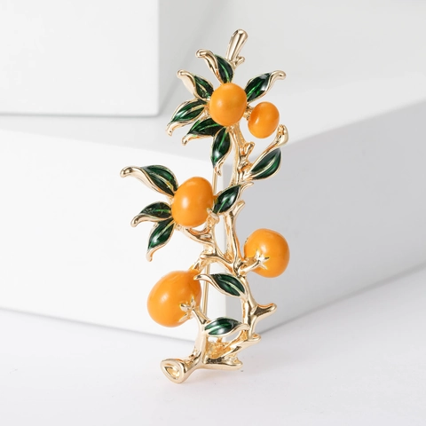 Broche Branche de Kaki en Émail Style Chinois Vintage pour Femme Alliage Fruit Feuille Épingle de Revers Or Rouge Orange