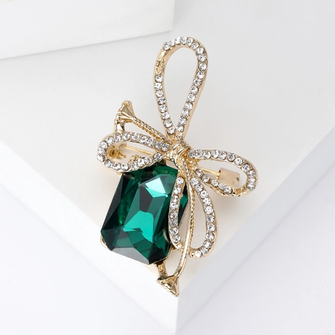 Vintage Alloy Rhinestone Bowknot Brooch Elegant Large Rectangular Gemstone Lapel Pin For Women Suit Dress Accessories