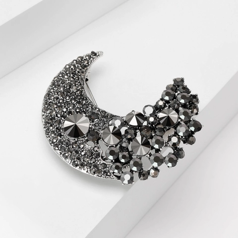 Broche Lune en Alliage Vintage Strass Noir Épingle à Corsage Lune Style Coréen Accessoire de Mode Vêtements pour Femme Bijoux Cadeau