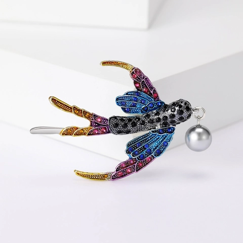 Vintage Alloy Multi Color Rhinestone Swallow Bird Brooch With Grey Artificial Pearl Pendant For Women Daily Party Jewelry