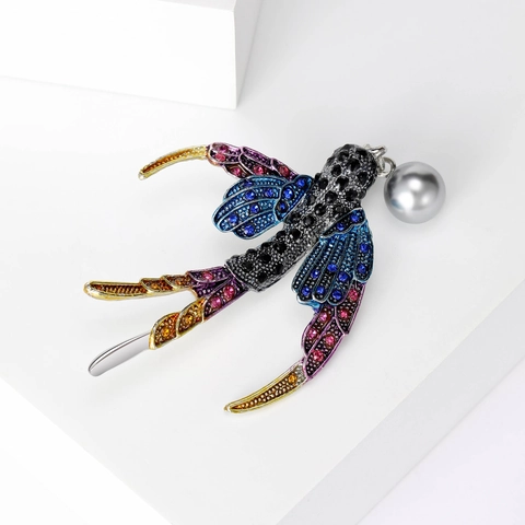 Vintage Alloy Multi Color Rhinestone Swallow Bird Brooch With Grey Artificial Pearl Pendant For Women Daily Party Jewelry