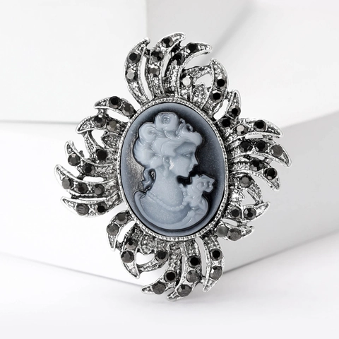 Broche Camée Visage de Reine Vintage pour Femmes Alliage de Zinc Strass Style Victorien Élégant Bijoux Silhouette de Dame