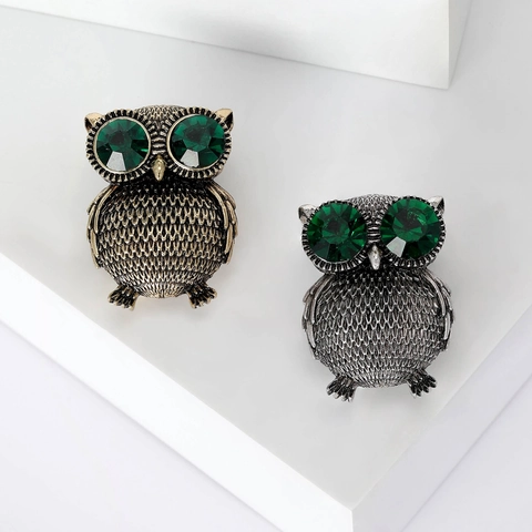 Broche de Búho de Aleación Vintage Con Ojos de Cristal Verde Diamante de Imitación Broche de Animal para Mujer Joyería