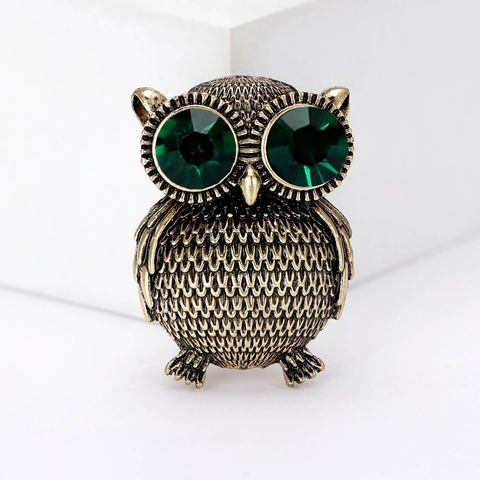 Broche de Búho de Aleación Vintage Con Ojos de Cristal Verde Diamante de Imitación Broche de Animal para Mujer Joyería
