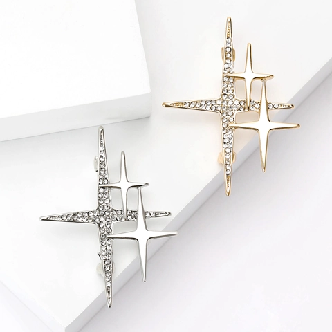 Fashion Alloy Starburst Brooch For Women Geometric Cross Star Pin With Rhinestone Inlay Suit Coat Clothing Accessories