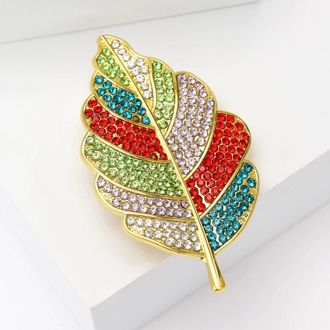 Fashion Alloy Leaf Brooch For Women Colorful Rhinestone Inlaid Botanical Plant Pin Gold Plated Decorative Corsage Jewelry