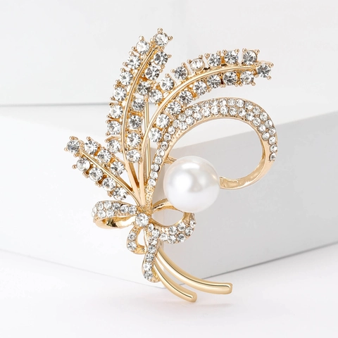 Elegante Spilla a Forma di Spiga di Grano in Lega con Perla Artificiale Strass Placcata Oro Argento per Matrimonio Donna