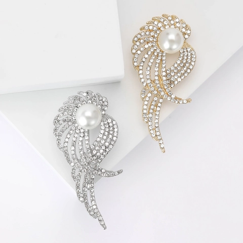 Eleganter Legierung Feder Brosche Für Damen Mit Künstlicher Perle Strass Einlage Gold Silber Flügel Brosche Pin Kleidung Schmuck Geschenk