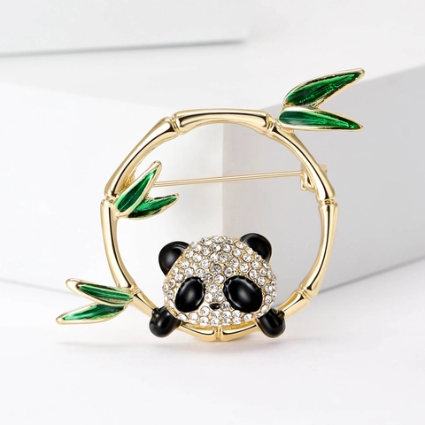 Simpatica Spilla a Cerchio Panda Bambù per Donna Lega Placcata Oro Strass Smalto Foglia di Bambù Distintivo Animale Gioielli Regalo