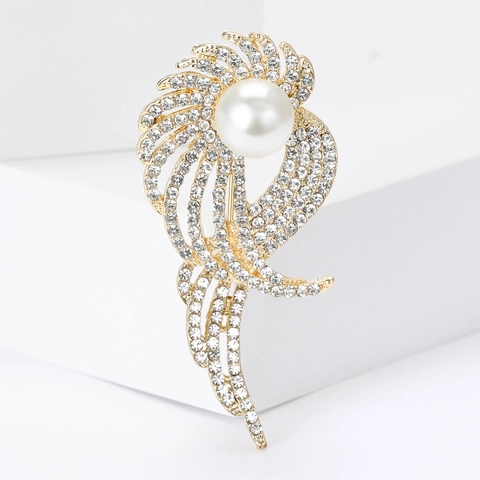 Eleganter Legierung Feder Brosche Für Damen Mit Künstlicher Perle Strass Einlage Gold Silber Flügel Brosche Pin Kleidung Schmuck Geschenk