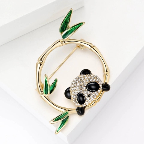 Simpatica Spilla a Cerchio Panda Bambù per Donna Lega Placcata Oro Strass Smalto Foglia di Bambù Distintivo Animale Gioielli Regalo