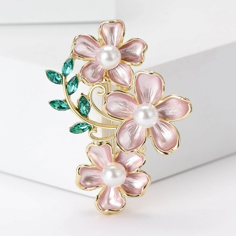 Elegante Spilla in Lega di Camelia con Perla Artificiale e Strass Verdi Intarsiati Spilla Floreale Vintage Gioielli Donna