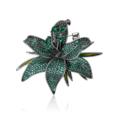 Elegante Vintage Koperen Bloem Broche Voor Vrouwen Stijlvolle Zirconia Lelie Bloemen Reversspeld Emaille Jurk Sieraden
