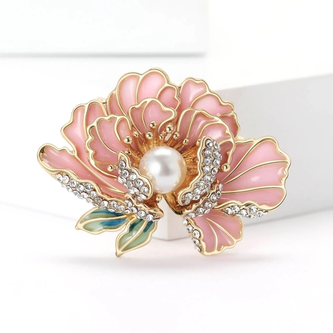 Elegante Spilla in Smalto a Forma di Peonia per Donna Lega Strass Perla Artificiale Spilla Retro Floreale Distintivo Abito