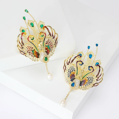 Elegante Broche de Fénix de Cobre Con Esmalte de Colores Diamantes de Imitación Perla Artificial Gota Joyería de Animal para Mujer