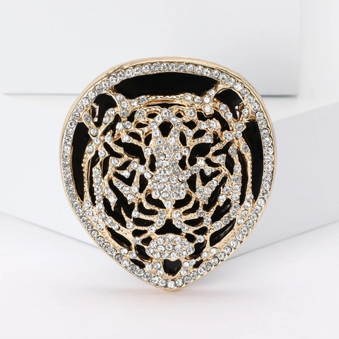 Vintage Luxurious Alloy Tiger Head Brooch Rhinestone Inlaid Enamel Animal Lapel Pin For Women Men Fashion Suits Accessories