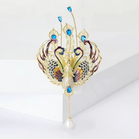 Elegante Broche de Fénix de Cobre Con Esmalte de Colores Diamantes de Imitación Perla Artificial Gota Joyería de Animal para Mujer