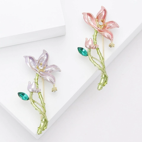 Chinese Style Elegant Enamel Lotus Flower Brooch For Women Pink Purple Rhinestone Floral Pin For Coat Cheongsam Jewelry