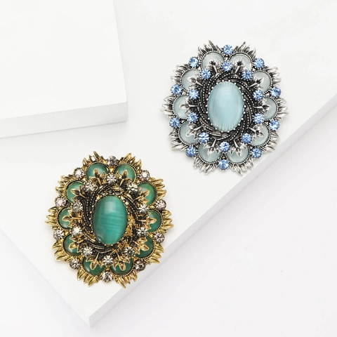 Broche Vintage Barroco de Aleación con Diamantes de Imitación Flor Piedra Ojo de Gato Artificial Banquete Boda Joyería Mujer