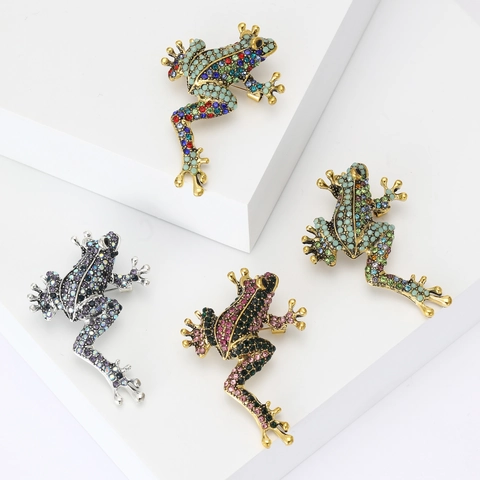 Vintage Alloy Colorful Rhinestone Frog Brooch Pin For Women Men Animal Design Fashion Jewelry Accessories