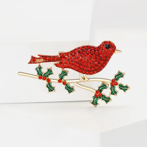 Exquisite Red Bird On Branch Alloy Brooch Pin With Rhinestone And Enamel For Women Christmas Gift Fashion Jewelry Ornament