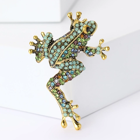 Vintage Alloy Colorful Rhinestone Frog Brooch Pin For Women Men Animal Design Fashion Jewelry Accessories