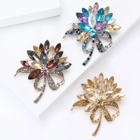 Broche de Ramo de Flores de Aleación Vintage Con Strass para Mujeres Elegante Alfiler de Cristal Con Lazo Floral Joyería Regalo de Boda Banquete