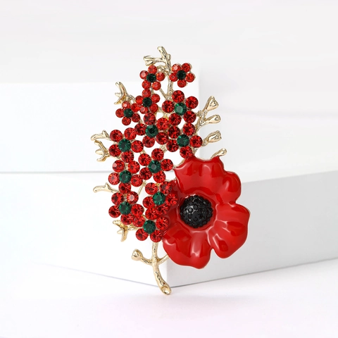 Elegant Poppy Flower Brooch For Women Red Enamel Rhinestone Brooch Alloy Floral Suit Pins Individual Fashion Accessories Gift