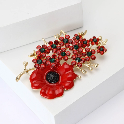 Elegant Poppy Flower Brooch For Women Red Enamel Rhinestone Brooch Alloy Floral Suit Pins Individual Fashion Accessories Gift