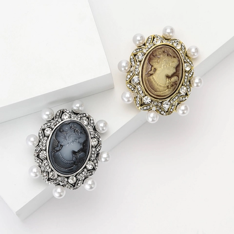 Broche de Retrato de Camafeo Vintage para Mujer de Aleación con Perlas Artificiales y Diamantes de Imitación Estilo Palacio
