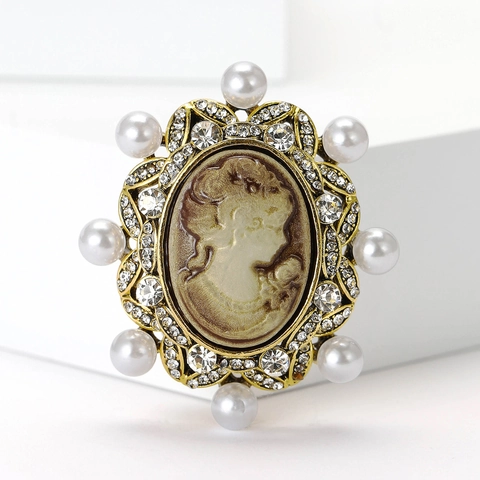 Broche de Retrato de Camafeo Vintage para Mujer de Aleación con Perlas Artificiales y Diamantes de Imitación Estilo Palacio