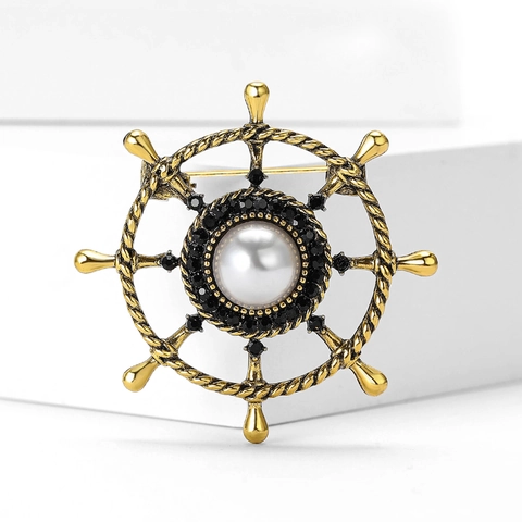Spilla Retrò Timone Nautico per Uomo in Lega con Perla Artificiale e Strass per Abito Cappotto Gioielli Regalo Stile Marina