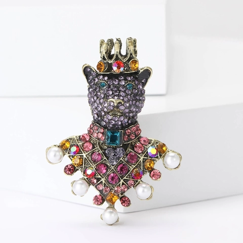 Fashion Alloy Rhinestone Crown Bear Brooch Vintage Animal Pin With Artificial Pearl For Men Women Party Jewelry