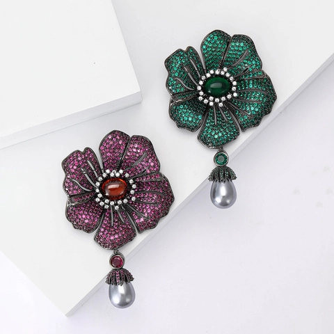 Vintage Elegante Kupfer Zirkonia Blumen Brosche Für Damen Luxuriöse Begonien Floral Reversnadel Mit Grauer Kunstperle