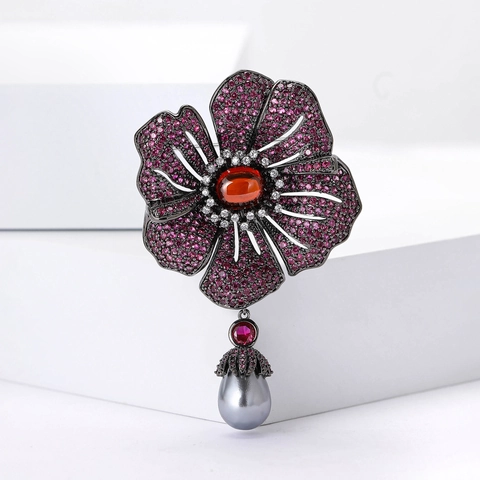 Vintage Elegante Kupfer Zirkonia Blumen Brosche Für Damen Luxuriöse Begonien Floral Reversnadel Mit Grauer Kunstperle