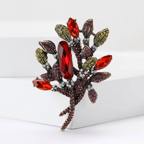 Vintage Lujoso Broche Floral de Aleación con Diamantes de Imitación para Mujer Elegante Alfiler de Pecho con Hojas de Flores Accesorios Joyería para Fiestas y Banquetes