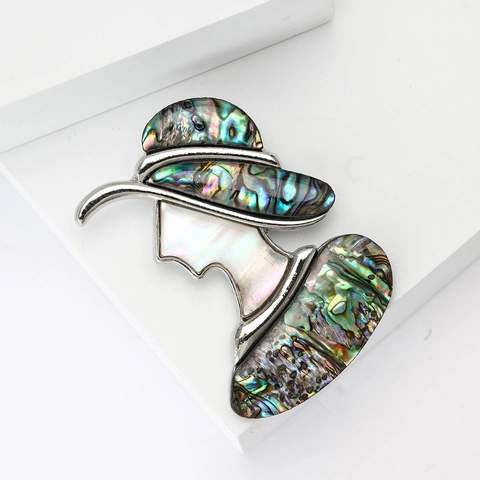Vintage Alloy Lady Profile Brooch Mother Of Pearl Abalone Shell Hat Design Silver Color Personalized Women Clothing Corsage